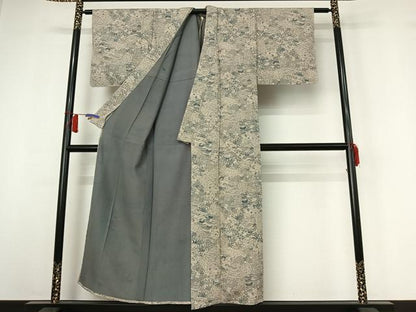平和屋着物▽上質な小紋　単衣　型染め　藍　切り嵌め花文　鬼しぼ縮緬　正絹　逸品　AABI2195jh