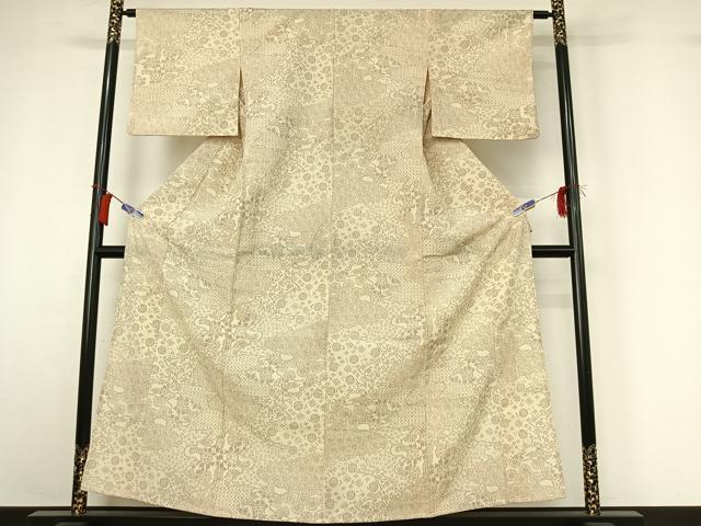 平和屋着物▽本塩沢　単衣　雲取り吉祥花文　正絹　逸品　AABI2196jh
