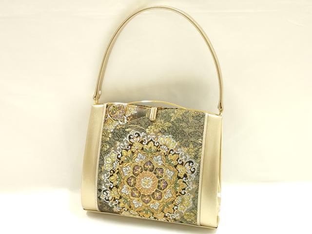 平和屋着物▼和装小物 和装バッグ ハンドバッグ 花柄 金銀糸 帯地使用 逸品 AABI2233ay