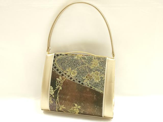 平和屋着物▼和装小物 和装バッグ ハンドバッグ 花柄 金銀糸 帯地使用 逸品 AABI2233ay