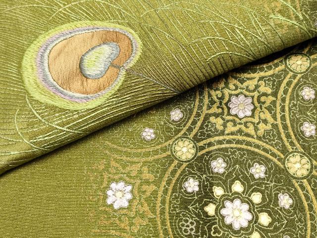 平和屋本店●和装小物　帯締め・帯揚げセット　高麗組　刺繍　孔雀羽文　三分金糸　金銀彩　逸品　未使用　AABI2256ay