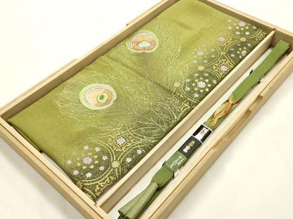 平和屋本店●和装小物　帯締め・帯揚げセット　高麗組　刺繍　孔雀羽文　三分金糸　金銀彩　逸品　未使用　AABI2256ay