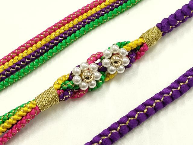 平和屋着物●和装小物　振袖用帯締め　装飾　ビーズ　花　金糸　正絹　逸品　未使用　AABI2299ay