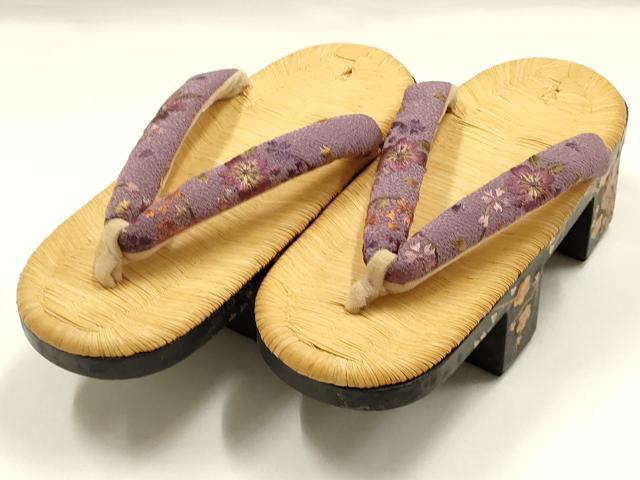 平和屋着物●和装小物　下駄　畳表　鼻緒刺繍　花柄　枝梅　金彩　螺鈿　逸品　AABI2302ay