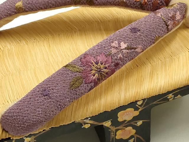 平和屋着物●和装小物　下駄　畳表　鼻緒刺繍　花柄　枝梅　金彩　螺鈿　逸品　AABI2302ay