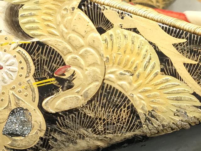平和屋本店●女の子　子供　ぽっくり下駄　おこぼ　こっぽり下駄　金蒔絵　畳表　飛鶴松文　金糸　逸品　AABI2310ay