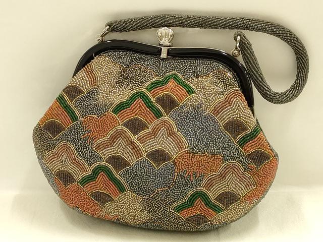平和屋着物●和装小物　和装バッグ・草履セット　ハンドバッグ　ビーズバッグ　幾何学模様　逸品　AABI2314ay