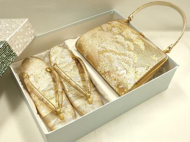 平和屋着物●和装小物　和装バッグ・草履セット　ハンドバッグ　立波風景文　金銀糸　帯地使用　逸品　AABI2315ay