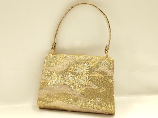平和屋着物●和装小物　和装バッグ・草履セット　ハンドバッグ　立波風景文　金銀糸　帯地使用　逸品　AABI2315ay