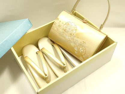 平和屋着物●和装小物　和装バッグ・草履セット　ハンドバッグ　エナメル　花柄　金銀彩　逸品　AABI2316ay