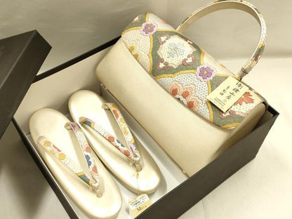平和屋着物●和装小物　和装バッグ・草履セット　手刺繍　ハンドバッグ　本皮底　Mサイズ　逸品　未使用　AABI2317ay