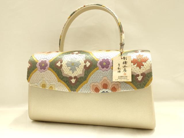 平和屋着物●和装小物　和装バッグ・草履セット　手刺繍　ハンドバッグ　本皮底　Mサイズ　逸品　未使用　AABI2317ay