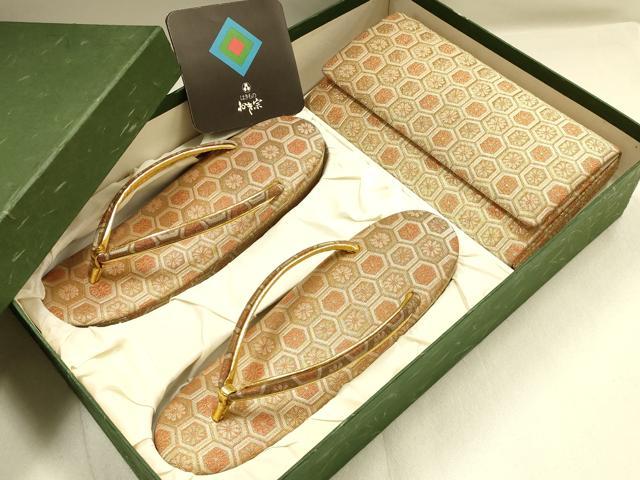 平和屋着物●和装小物　和装バッグ・草履セット　おき宗　佐賀錦　クラッチバッグ　花亀甲繋ぎ　金糸　逸品　AABI2318ay