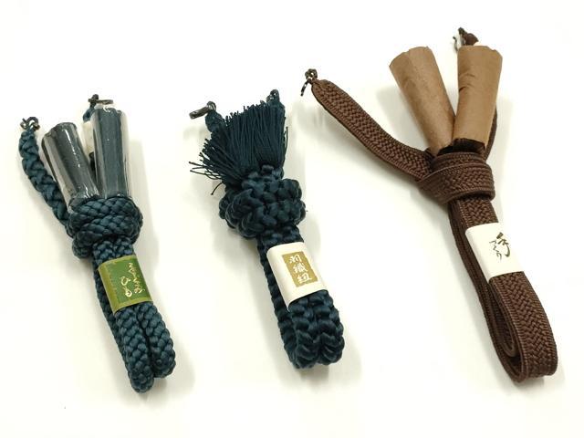 平和屋着物▼男性　和装小物　羽織紐3点　平組・丸組　青・茶色系　切り房・撚り房　正絹　逸品　未使用　AABI2326ay