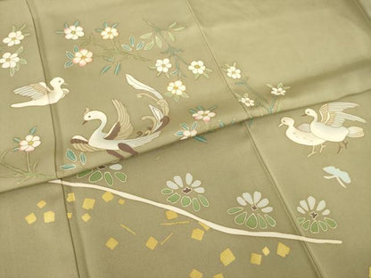 平和屋着物●京友禅　米沢新之助　訪問着　駒刺繍　花鳥文　金彩　正絹　逸品　AABI2403ck