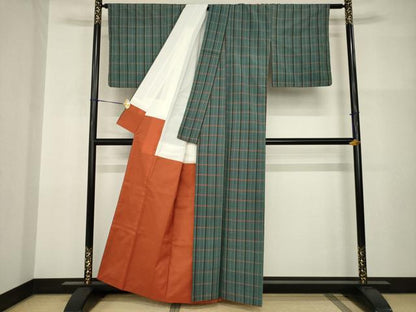 平和屋着物●上質な紬　格子　正絹　逸品　AABI2409ck