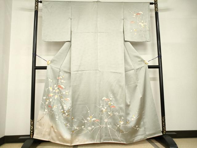 平和屋着物●訪問着　友禅　駒刺繍　枝花文　暈し染め　金彩　正絹　逸品　AABI2411ck