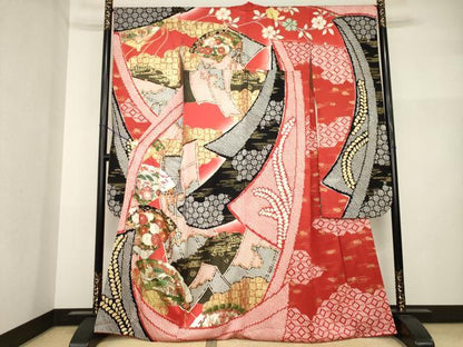 平和屋着物●豪華振袖　扇面御所車花文　金彩　正絹　逸品　AABI2436ck