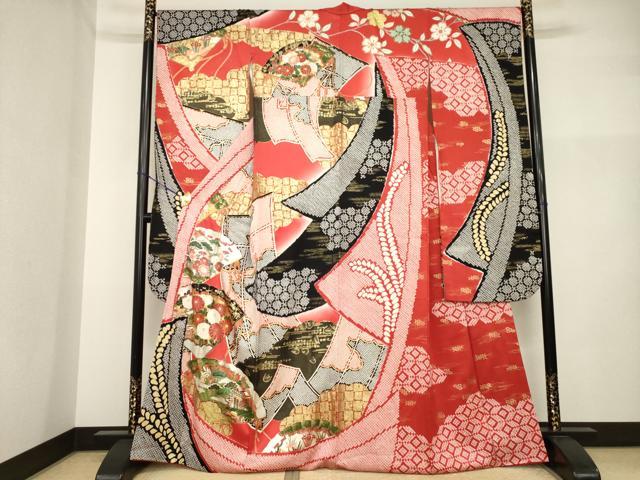 平和屋着物●豪華振袖　扇面御所車花文　金彩　正絹　逸品　AABI2436ck