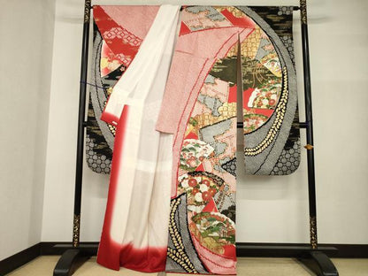 平和屋着物●豪華振袖　扇面御所車花文　金彩　正絹　逸品　AABI2436ck