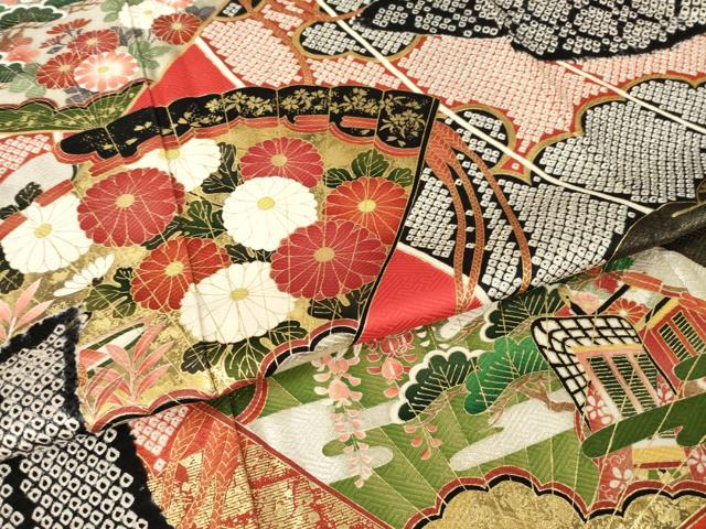 平和屋着物●豪華振袖　扇面御所車花文　金彩　正絹　逸品　AABI2436ck