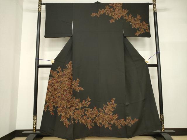 平和屋着物●訪問着　枝花文　黒地　正絹　逸品　AABI2437ck