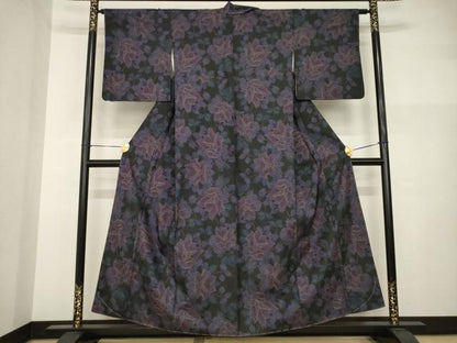 平和屋着物●本場大島紬　一元7マルキ　枝花文　黒地　正絹　逸品　AABI2443ck