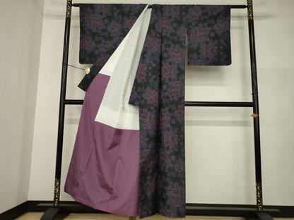 平和屋着物●本場大島紬　一元7マルキ　枝花文　黒地　正絹　逸品　AABI2443ck