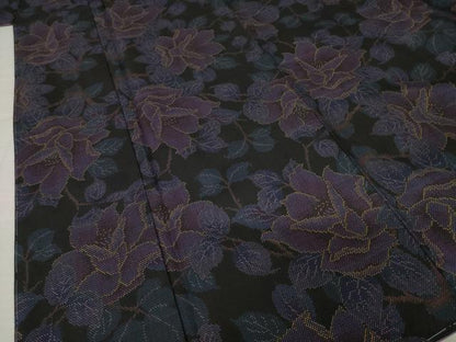 平和屋着物●本場大島紬　一元7マルキ　枝花文　黒地　正絹　逸品　AABI2443ck
