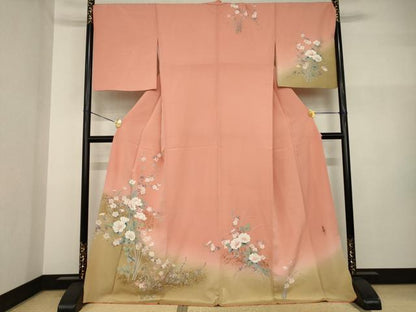 平和屋着物●訪問着　作家物　手描き　草花文　暈し染め　金彩　ロング丈　正絹　逸品　AABI2445ck