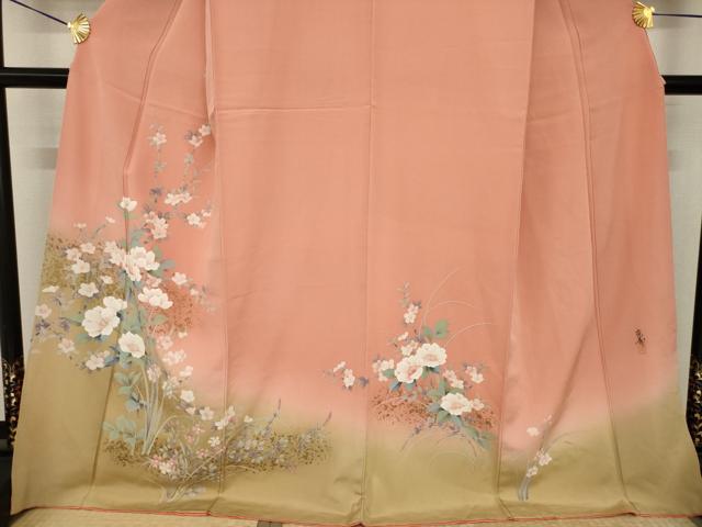 平和屋着物●訪問着　作家物　手描き　草花文　暈し染め　金彩　ロング丈　正絹　逸品　AABI2445ck