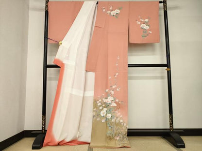 平和屋着物●訪問着　作家物　手描き　草花文　暈し染め　金彩　ロング丈　正絹　逸品　AABI2445ck