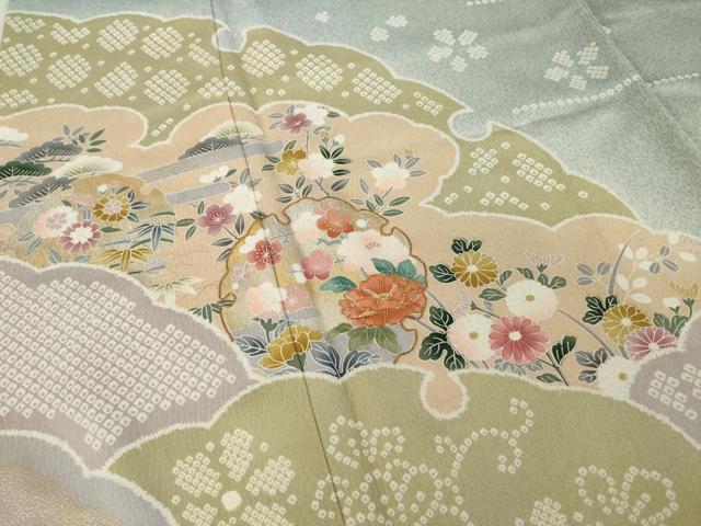 平和屋着物●訪問着　駒刺繍　雪輪重ね花文　暈し染め　金彩　正絹　逸品　AABI2451ck