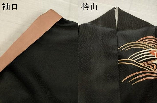 平和屋着物●十日町老舗ブランド　吉澤友禅　吾妻徳穂　訪問着　駒刺繍　立波橘文　黒地　金彩　正絹　逸品　AABI2453ck