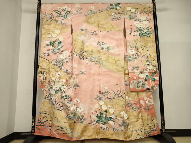 平和屋着物●豪華振袖　駒刺繍　流水花文　金彩　正絹　逸品　AABI2455ck