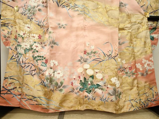 平和屋着物●豪華振袖　駒刺繍　流水花文　金彩　正絹　逸品　AABI2455ck