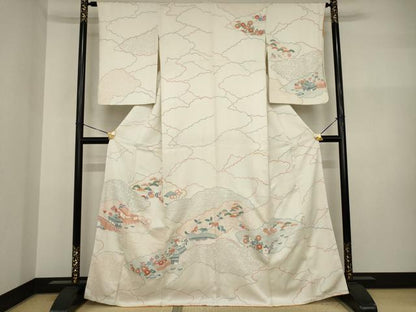 平和屋着物●訪問着　友禅　刺繍　雲取り風景花文　正絹　逸品　AABI2456ck