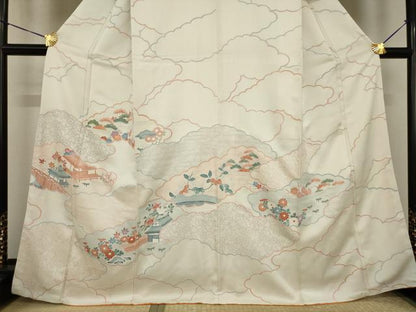 平和屋着物●訪問着　友禅　刺繍　雲取り風景花文　正絹　逸品　AABI2456ck