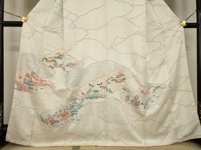 平和屋着物●訪問着　友禅　刺繍　雲取り風景花文　正絹　逸品　AABI2456ck