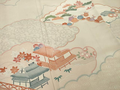 平和屋着物●訪問着　友禅　刺繍　雲取り風景花文　正絹　逸品　AABI2456ck