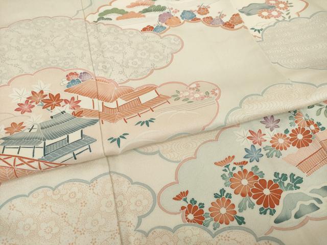 平和屋着物●訪問着　友禅　刺繍　雲取り風景花文　正絹　逸品　AABI2456ck