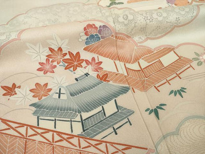 平和屋着物●訪問着　友禅　刺繍　雲取り風景花文　正絹　逸品　AABI2456ck