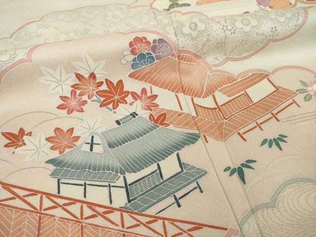 平和屋着物●訪問着　友禅　刺繍　雲取り風景花文　正絹　逸品　AABI2456ck
