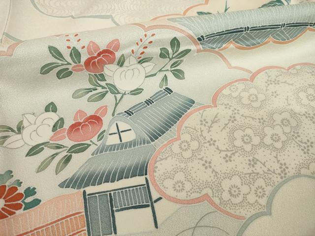 平和屋着物●訪問着　友禅　刺繍　雲取り風景花文　正絹　逸品　AABI2456ck