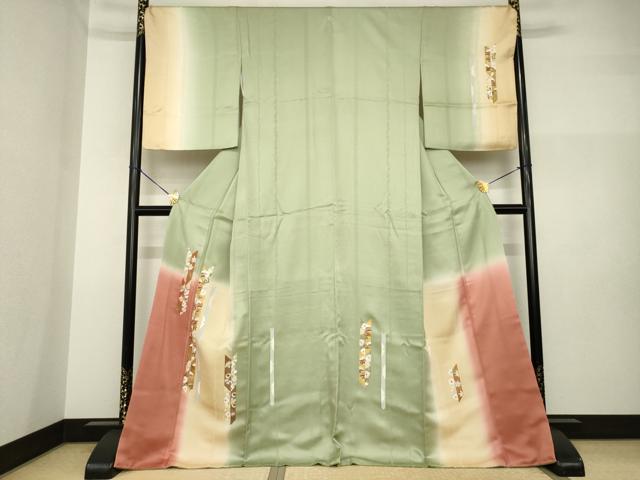 平和屋着物●訪問着　相良刺繍　矢羽花文　暈し染め　金彩　正絹　逸品　AABI2461ck