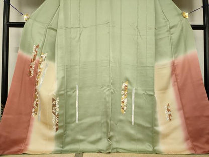 平和屋着物●訪問着　相良刺繍　矢羽花文　暈し染め　金彩　正絹　逸品　AABI2461ck