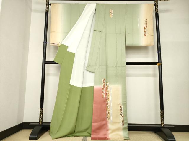 平和屋着物●訪問着　相良刺繍　矢羽花文　暈し染め　金彩　正絹　逸品　AABI2461ck