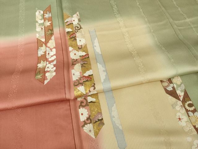 平和屋着物●訪問着　相良刺繍　矢羽花文　暈し染め　金彩　正絹　逸品　AABI2461ck