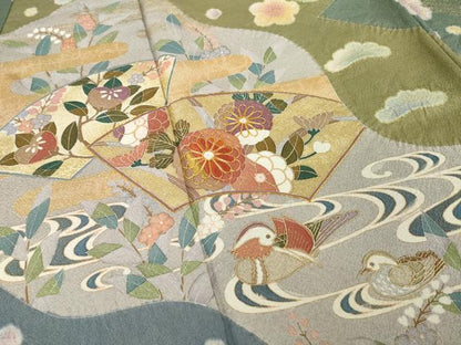 平和屋着物●訪問着　友禅　絞り　流水鴛鴦地紙花文　金彩　正絹　逸品　AABI2467ck