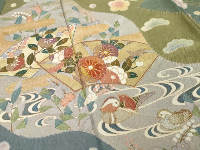 平和屋着物●訪問着　友禅　絞り　流水鴛鴦地紙花文　金彩　正絹　逸品　AABI2467ck